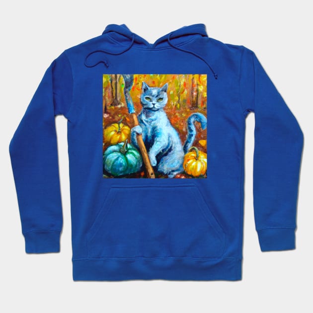 Blue Cat is Tending to the Pumpkin Harvest Hoodie by Star Scrunch